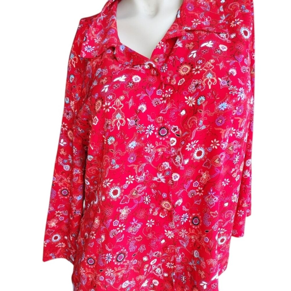 Christopher and Banks Size XL Women's Floral 3/4 Sleeve Red Button Down Top - Picture 6 of 16